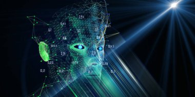 Makine öğrenimi. 3D kablo çerçeveli arka plan, bulanık çizgiler ve lens efektleriyle çokgen teknoloji. İş ve bilim için yapay zeka kavramı. Büyük veri. Veri Bilimi.