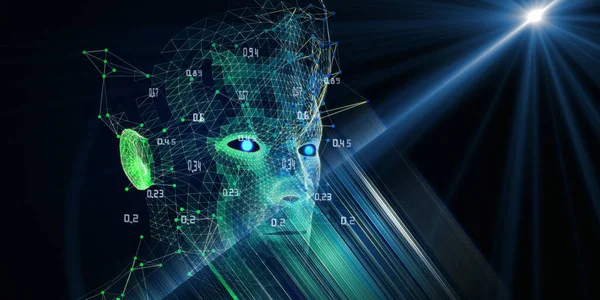 Makine öğrenimi. 3D kablo çerçeveli arka plan, bulanık çizgiler ve lens efektleriyle çokgen teknoloji. İş ve bilim için yapay zeka kavramı. Büyük veri. Veri Bilimi.