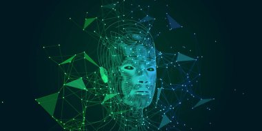 Makine öğrenimi. Kablosuz sayborg kafalı kaotik sistemli çokgen teknoloji geçmişi. Veri bilimi. İş ve bilim için yapay zeka kavramı. Büyük veri.