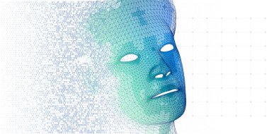 Makine öğrenimi. Kablo çerçeveli sayborgun kafası beyaza dönük poligonal teknoloji geçmişi. Veri bilimi. İş ve bilim için yapay zeka kavramı. Büyük veri.