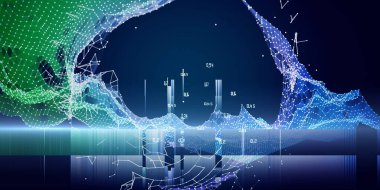 Sistemde soyut çokgen arka plan yapay zekası var. Analitik algoritmalar bilim, teknoloji ve iş için pankart. Kablo çerçeveli ve mavi çizgili kuantum hesaplama kavramı. Büyük veri. 