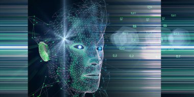 Büyük veri. 3D kablo çerçeveli arka plan, bulanık çizgiler ve lens efektleriyle çokgen teknoloji. Makine öğrenimi. İş ve bilim için yapay zeka kavramı. Veri Bilimi.