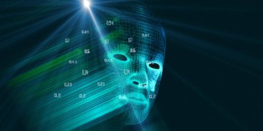 Makine öğrenimi. 3D kablo sayborgu, bulanık çizgiler ve lens efektleriyle çokgen teknoloji arka planı. Veri bilimi. İş ve bilim için yapay zeka kavramı. Büyük veri.