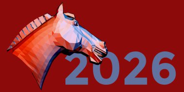 Atın yılı. Tebrik kartı. Yeni yılınız kutlu olsun. Geometrik çokgen at başlı arka plan. 2026.
