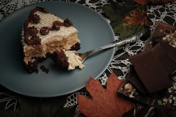 Slice Cake Tea Autumn Park — Stock Photo, Image