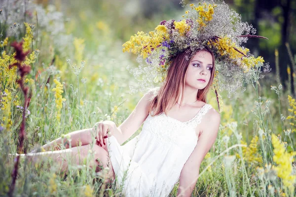 Una Chica Una Corona Flores Campo — Foto de Stock
