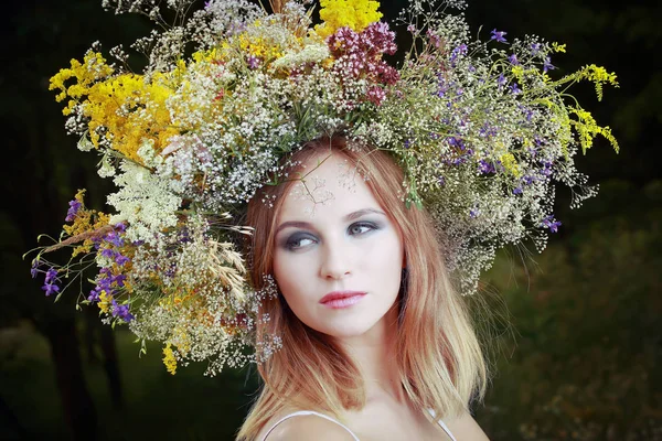 Ένα Κορίτσι Ένα Στεφάνι Από Λουλούδια Πεδίο — Φωτογραφία Αρχείου