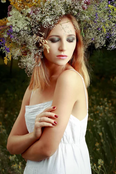 Ein Mädchen Einem Kranz Aus Feldblumen — Stockfoto