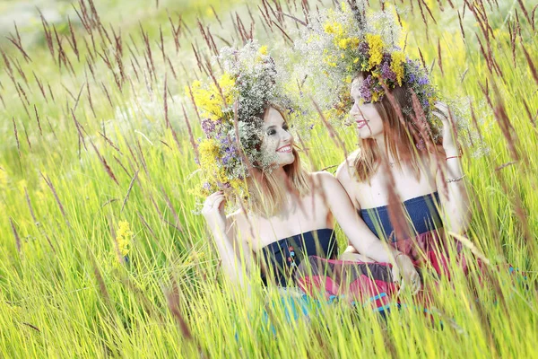 Egy Lány Mező Virágok Koszorút — Stock Fotó