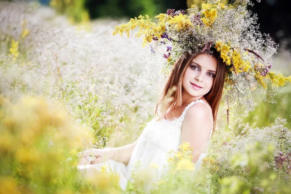 Een Meisje Een Krans Van Bloemen Veld — Stockfoto