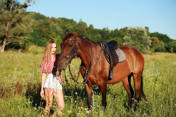 Mooie Vrouw Een Veld Met Een Paard — Stockfoto