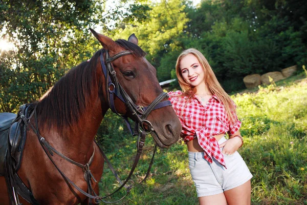 Mooie Vrouw Een Veld Met Een Paard — Stockfoto