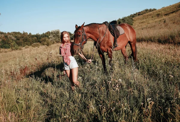 Mooie Vrouw Een Veld Met Een Paard — Stockfoto