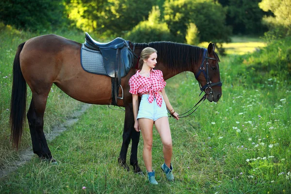 Mooie Vrouw Een Veld Met Een Paard — Stockfoto