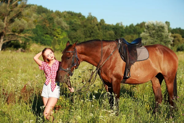 Beautiful Woman Field Horse — Stock Photo, Image