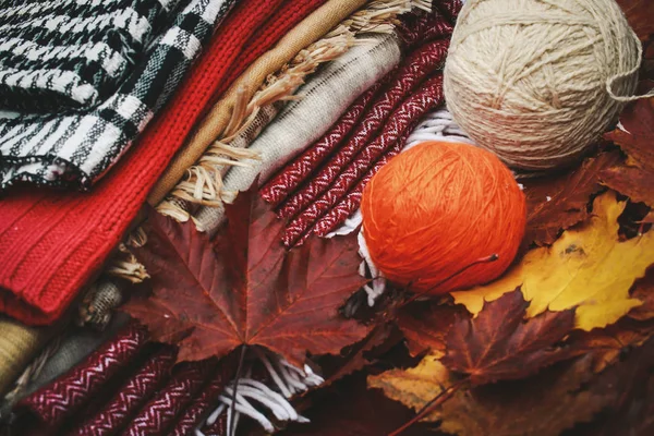 Warme Herfst Gebreide Kleding Met Draden Bladeren — Stockfoto