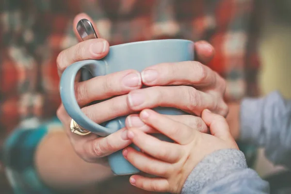 Delicious Fragrant Tea Cup Women Children Hands — Stock Photo, Image