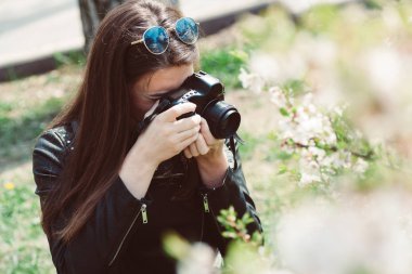 güzel genç kadın çiçekli ağaçların fotoğraflarını çekmek