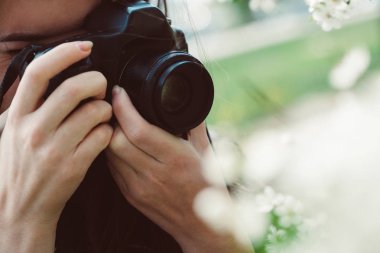 güzel genç kadın çiçekli ağaçların fotoğraflarını çekmek
