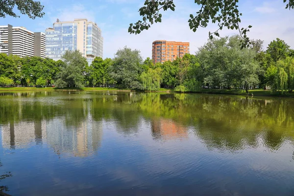 çok katlı evlerin arka planda bir göl ve bir orman ile güzel manzara