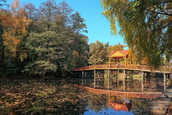 Bela Paisagem Outono Com Lago Ponte — Fotografia de Stock