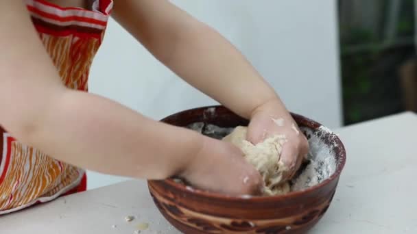 Les Mains Bébé Pétrissent Pâte Dans Une Assiette Pizza — Video