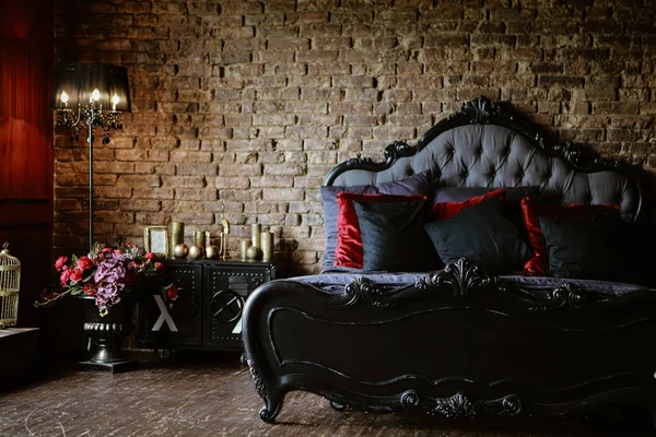 Dark Colors Bedroom Interior Loft — Stock Photo, Image