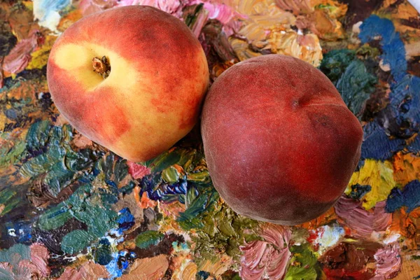 桃子和杏子躺在油漆调色板上 — 图库照片
