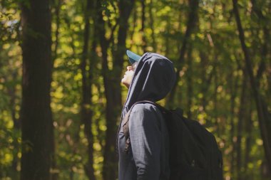 Gezgin adam ormanda yürüyor