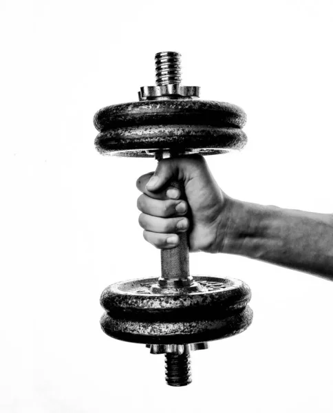 Man Holds Hand Dumbbell White Background — Stock Photo, Image