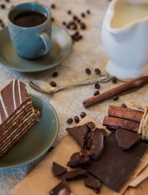 Kahve, süt ve çikolatalı kek karışımı.