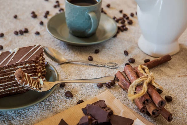 Composition Coffee Milk Chocolate Cake — Stock Photo, Image