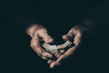 Yaşlı bir kadının ellerinde kurutulmuş ekmek.