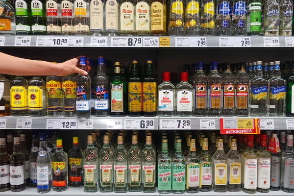 Germany August 2018 Display Various German Grain Brandy Rewe Supermarket — Stock Photo, Image