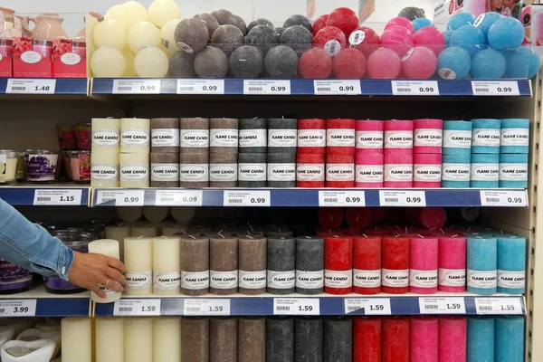 Netherlands July 2016 Aisle Varied Colored Candles Dutch Action Superstore — Stock Photo, Image