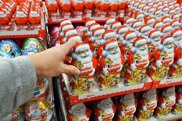 Germany October 2018 Store Stack Chocolate Santa Clauses Kinder Brand — Stock Photo, Image