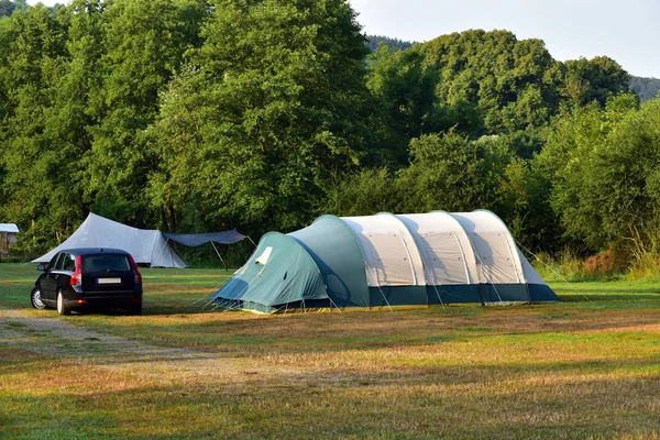 Campsite Belgian Ardennes Tunnel Tent Grass — Stock Photo, Image