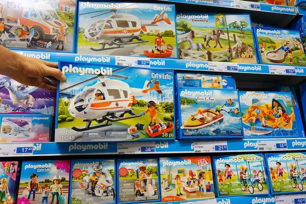 Bélgica Julho 2019 Caixas Playmobil Exibidas Hipermercado Belga Cora Playmobil — Fotografia de Stock