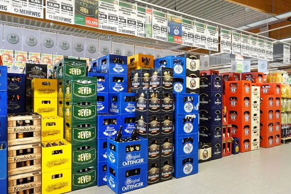 Meppen Germany August 2019 Stacks German Brands Beer Crates Druages — стокове фото