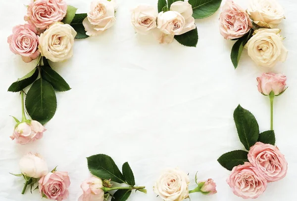 Flowers Background Frame Gently Pink Beige Roses White Linen Fabric — Stock Photo, Image