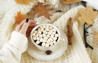 Sonbahar düz yatıyordu. örme kazak kadın elinde bir fincan kahve hatmi sıcak bir örme şal ve sonbahar yaprakları ile tutun