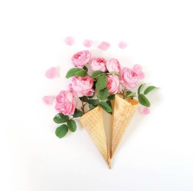 soluk pembe gül çiçek kokulu beyaz arka plan üzerinde gözleme külah. Düz yatıyordu, en iyi görünümü çiçek arka plan.