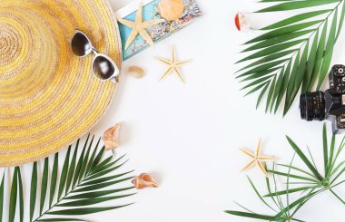 Seyahat Aksesuarları, tropikal palmiye yaprağı metin için boş yer beyaz zemin üzerine dalları. Tatil, hafta sonu kavramı seyahat. Yaz arka plan. Düz yatıyordu, en iyi görünümü.