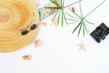 Seyahat Aksesuarları, tropikal palmiye yaprağı metin için boş yer beyaz zemin üzerine dalları. Tatil, hafta sonu kavramı seyahat. Yaz arka plan. Düz yatıyordu, en iyi görünümü.