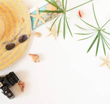 Seyahat Aksesuarları, tropikal palmiye yaprağı metin için boş yer beyaz zemin üzerine dalları. Tatil, hafta sonu kavramı seyahat. Yaz arka plan. Düz yatıyordu, en iyi görünümü.