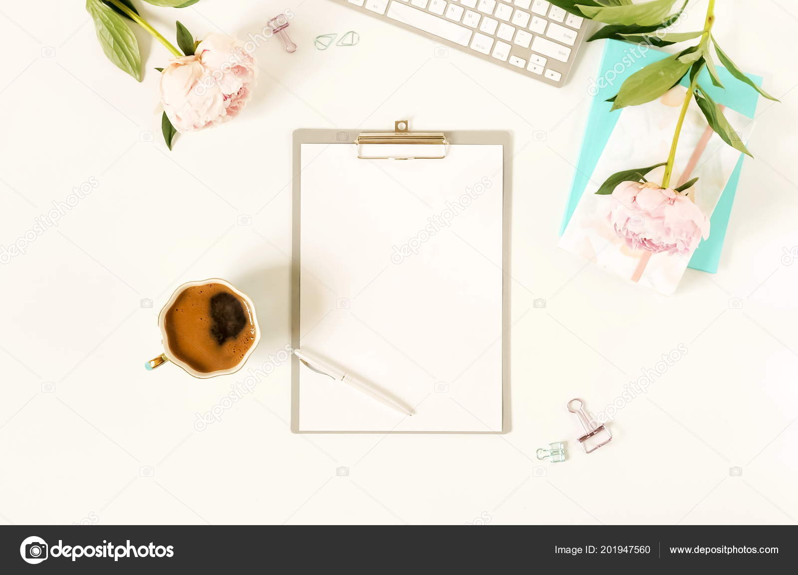 Flat Lay Women Office Desk Mockup Clipboard Keyboard Office