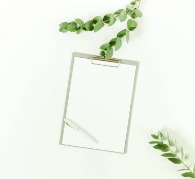 Mockup Pano, okaliptüs branhes beyaz arka plan ile. Düz yatıyordu, en iyi görünüm. kopya alanı