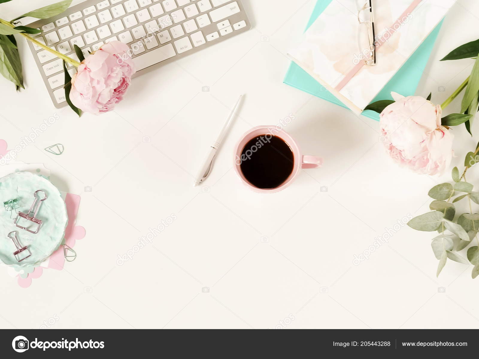 Flat Lay Women Office Desk Female Workspace Laptop Flowers Peonies
