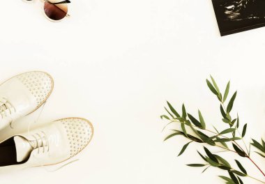 Düz yatıyordu, en iyi görünümü moda kompozisyon. Kadın ayakkabı derby, güneş gözlüğü, okaliptüs şube beyaz arka plan üzerinde. Moda blog bakmak. moda güzellik kadın arka plan. Kopya alanı