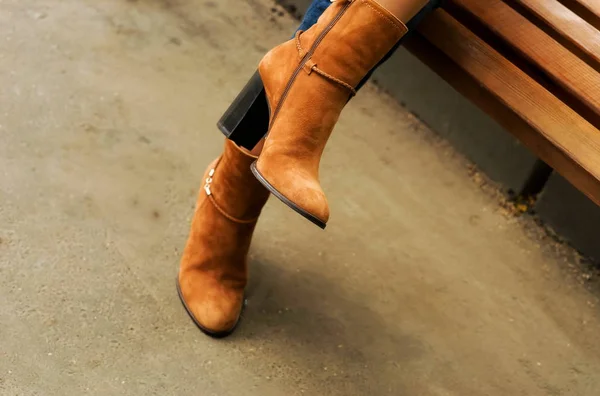 Beautiful Female Legs Autumn High Heels Boots Street Fashion Background — Stock Photo, Image